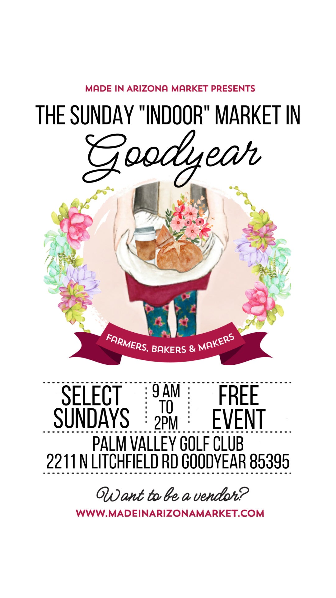 Be a Vendor at The Sunday Indoor Market on August 23rd 2026 for the Made in Arizona Market at the Palm Valley Golf Club Goodyear