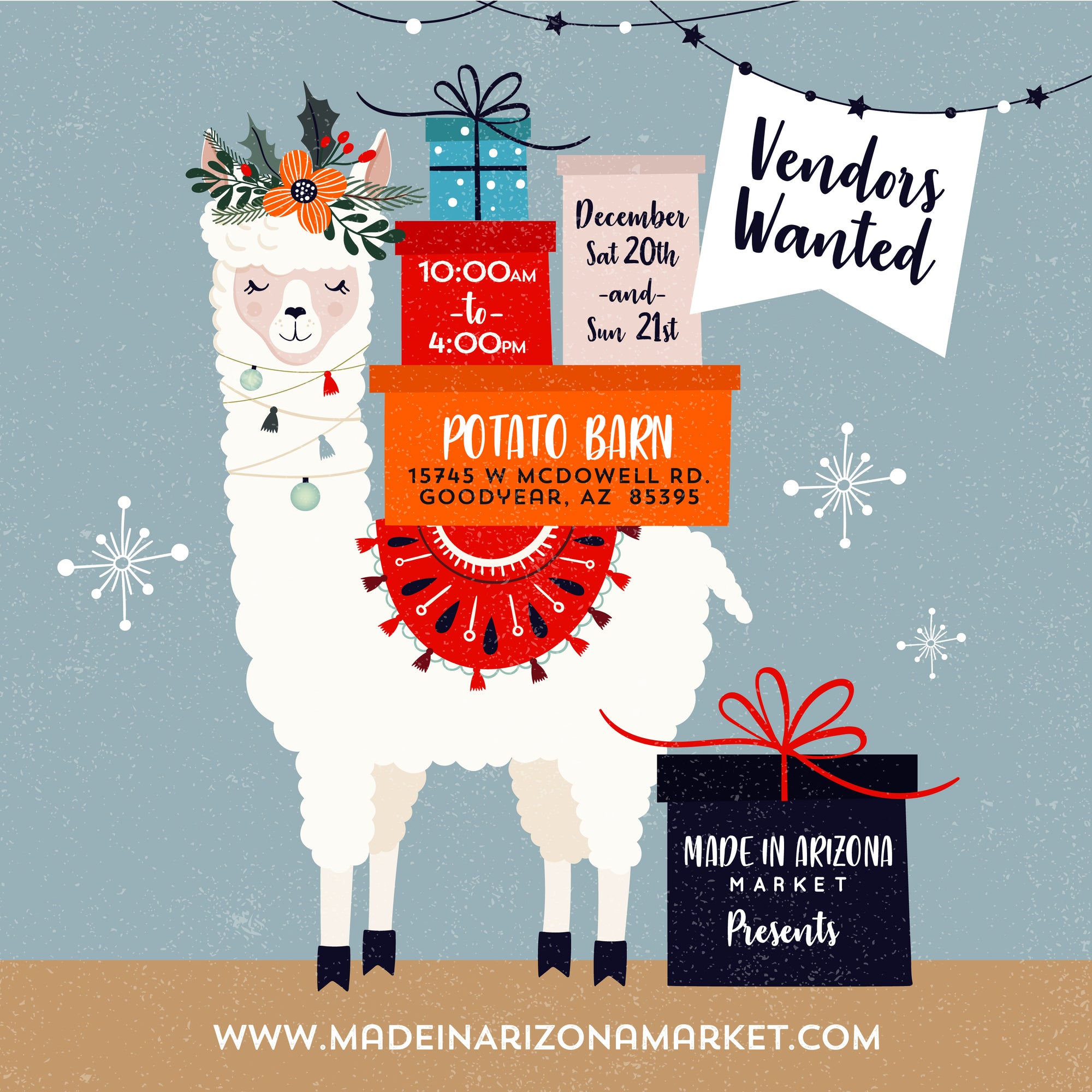 Be a Vendor at our Holiday Market Saturday December 20th & Sunday December 21st 10-4pm 2025 at Potato Barn in Goodyear